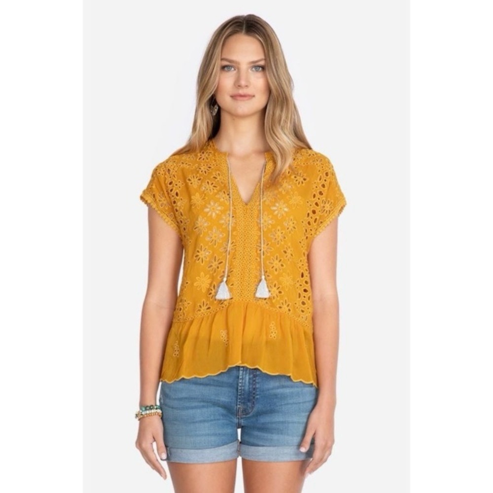 Johnny Was Flower Eyelet Leith Shirt Blouse Persimmon Gold Yellow Tassel C19220